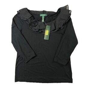 Lauren Ralph Lauren NWT Black Polka Dot Ruffle Rosette Long Sleeve Top Blouse PL